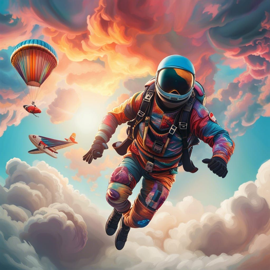 Skydiver Among Psychedelic Clouds: Digital Splash Art