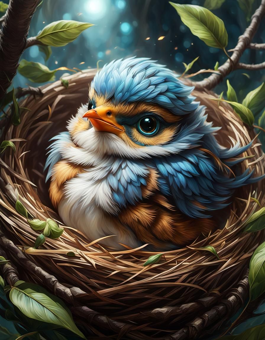 Adorable Baby Bird in Nest: Detailed Poster Art