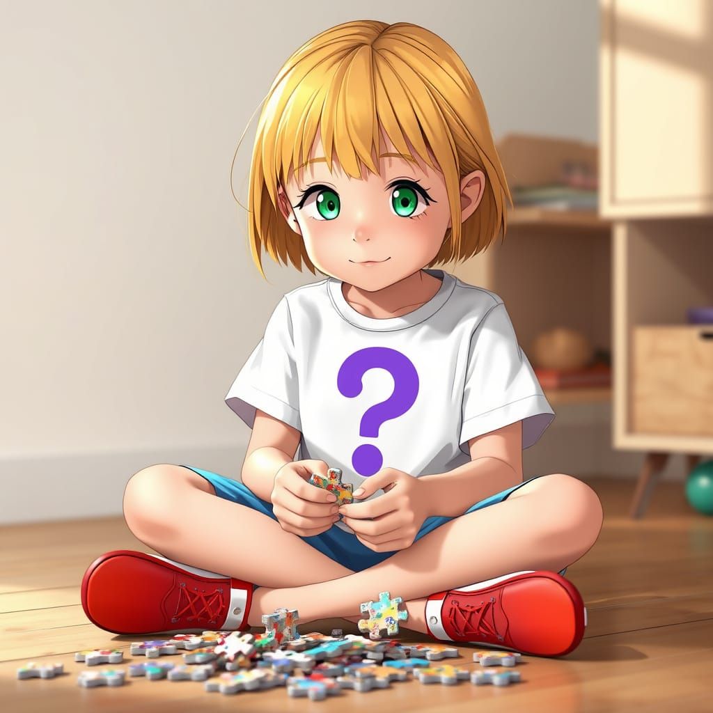 Girl Enjoys Puzzle in Vibrant Anime Art Style