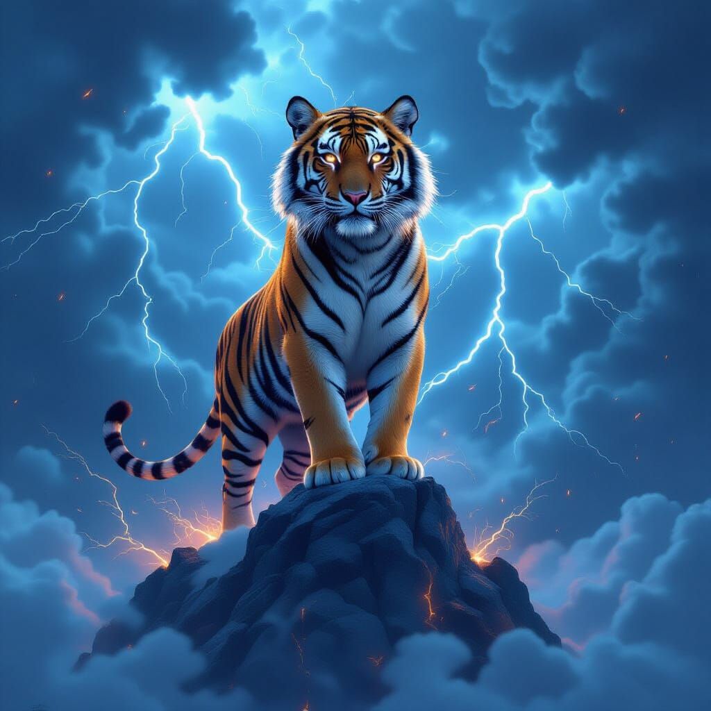 Electrified Tiger on Floating Mountain in Digital Painting