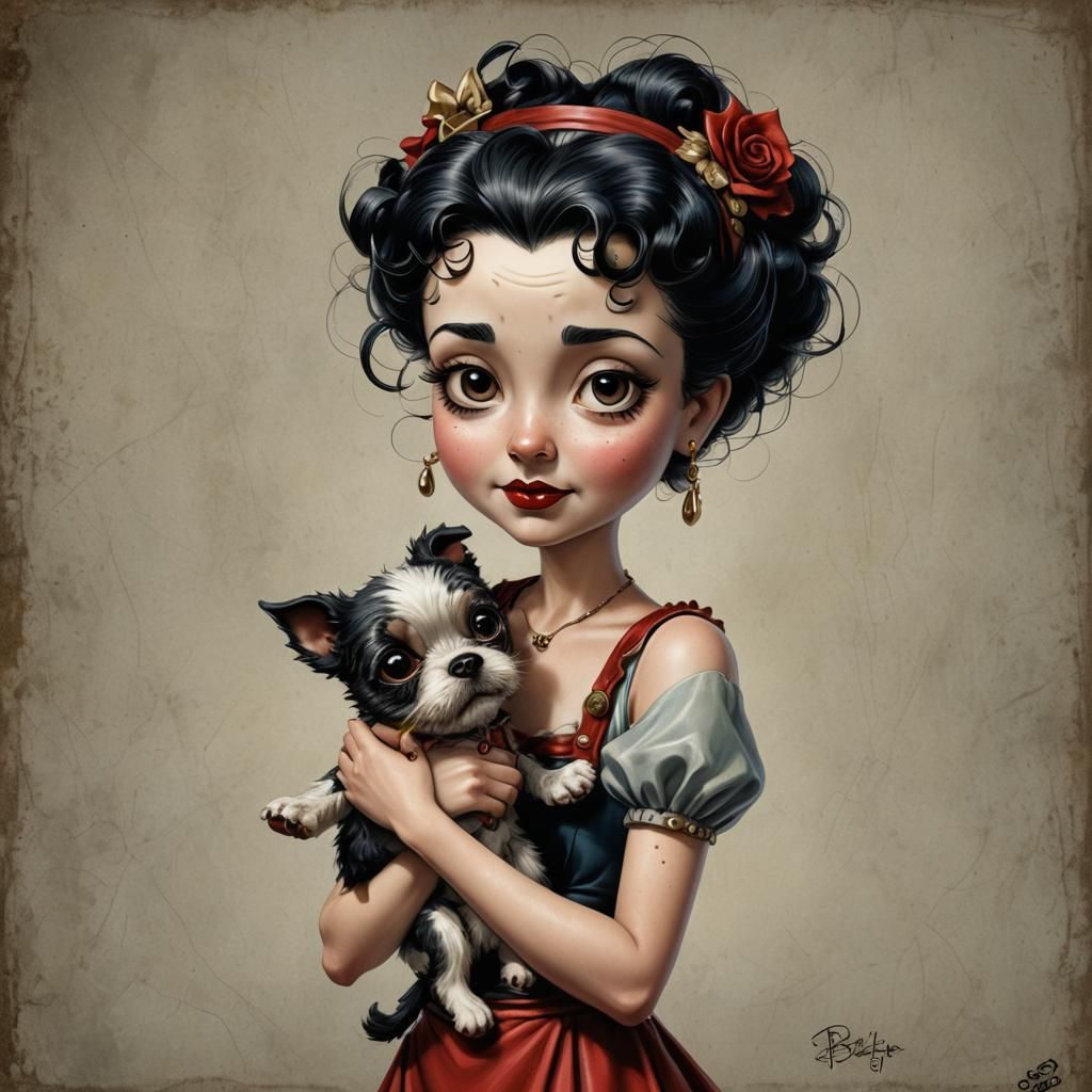 Betty Boop Pin-Up with Dog in Digital Painting