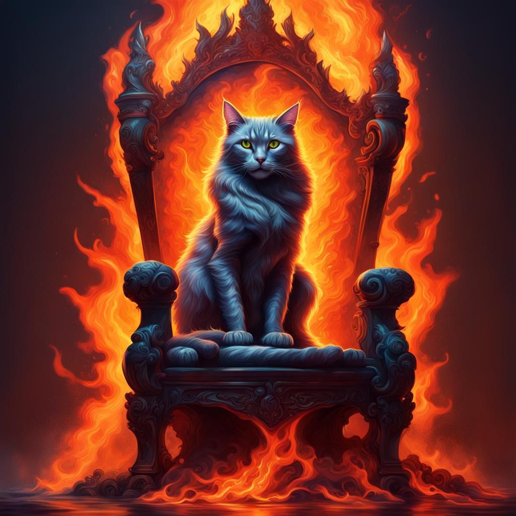 Fiery Cat on Hellish Throne: Hyperrealistic Concept Art