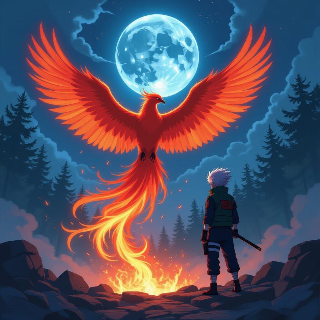 Phoenix Rises in Mystical Forest with Anime Artistry