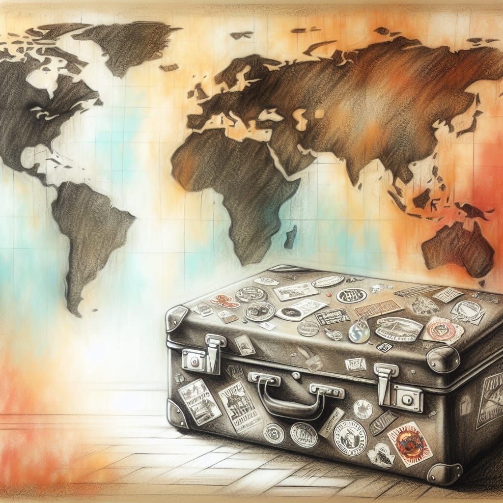 Vintage Suitcase with Travel Stickers Charcoal Drawing