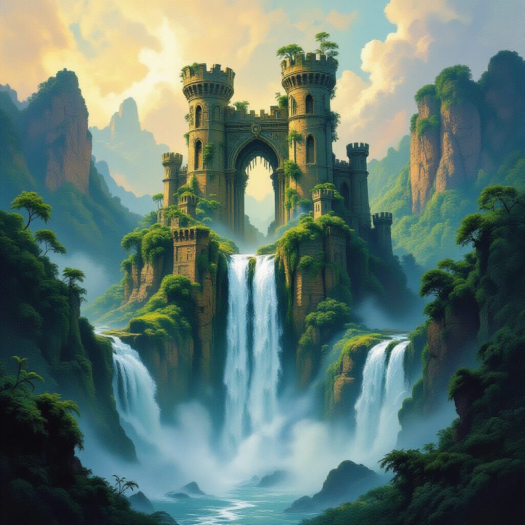 Majestic Waterfall Plunges Through Ancient Fantasy Tower