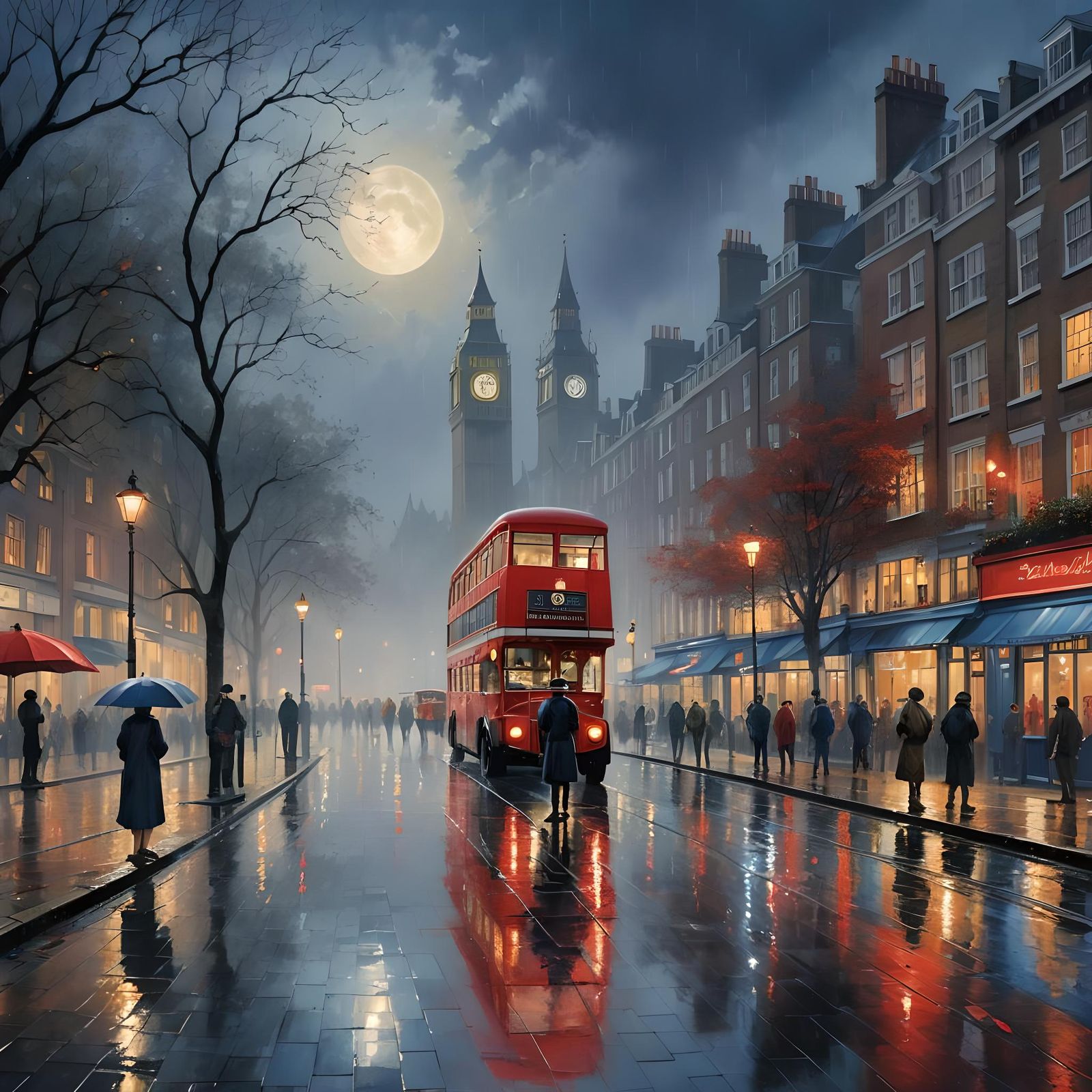 Foggy London Nightscape with Full Moon