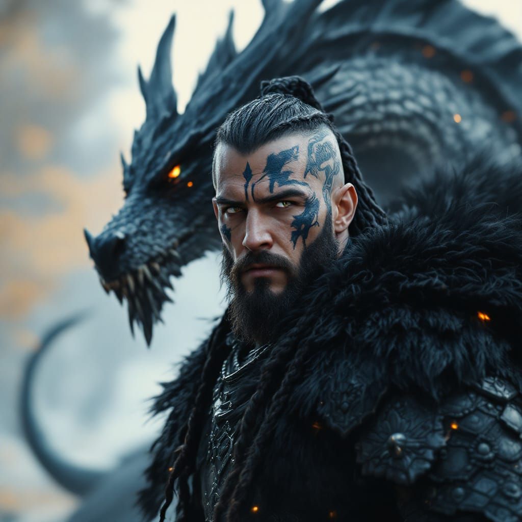 Muscular Viking Warrior Facing Obsidian Dragon in Fine Art S...