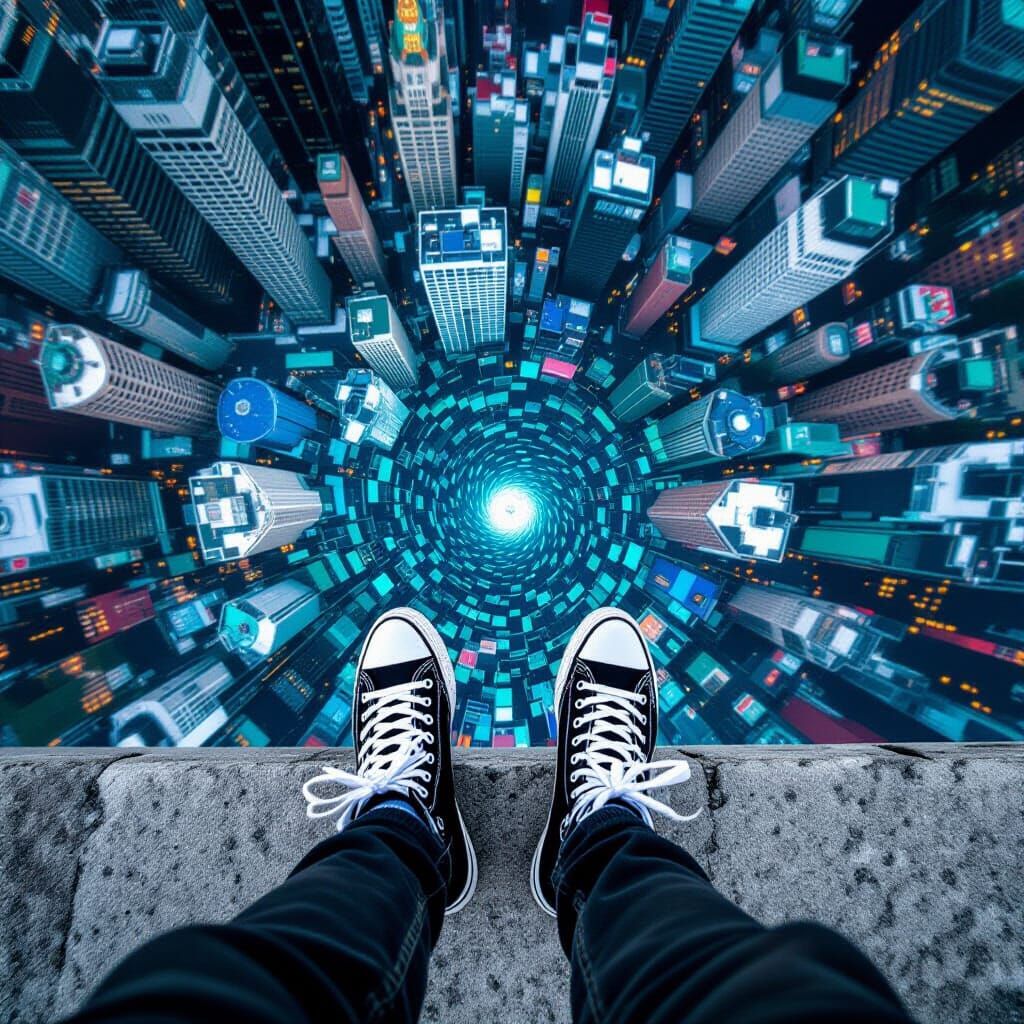 First Person View From Skyscraper Edge Overlooking Distorted...