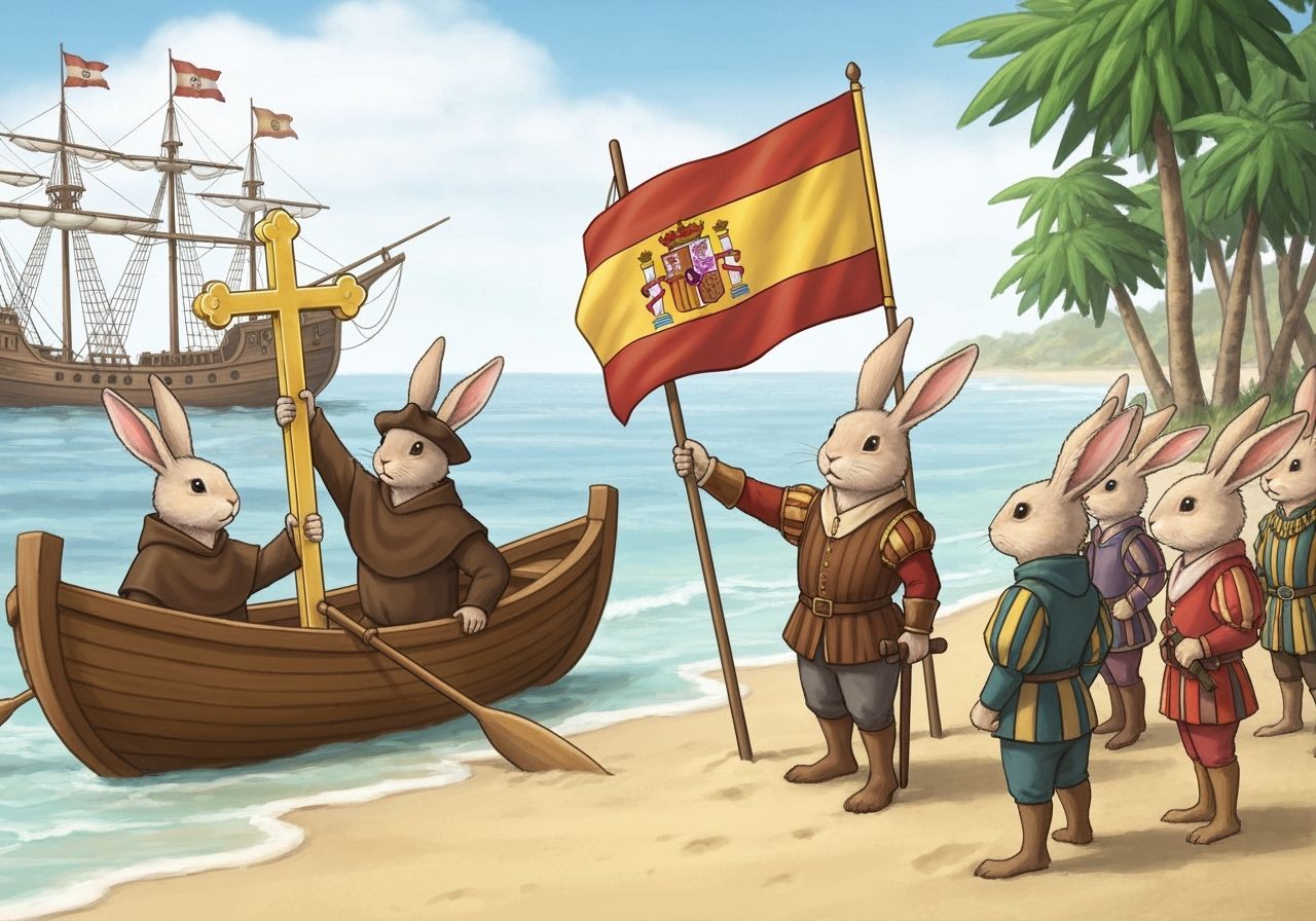 Rabbit Columbus Lands on Hispaniola with Spanish Soldiers