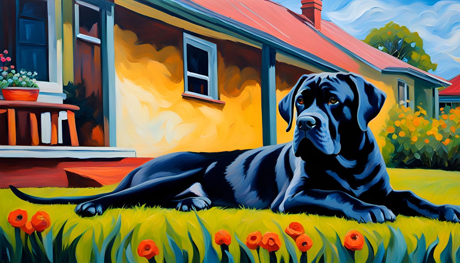 Black Bull Mastiff Mix in Neo-Impressionism Style