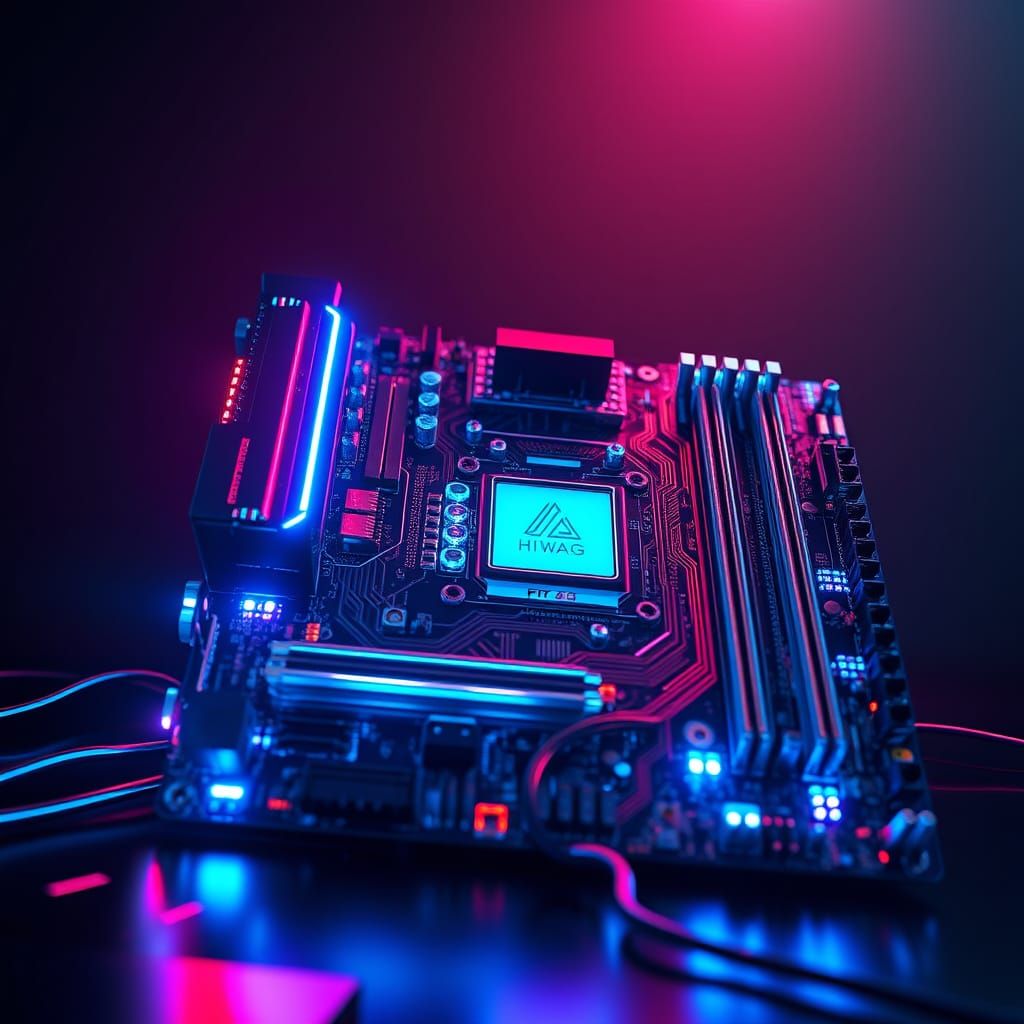 Cyberpunk Motherboard Illuminated in Radiant Blue Neon