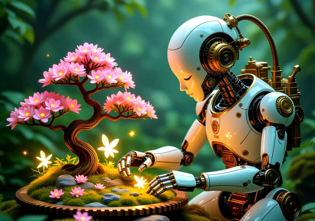 Steampunk Automaton Tending Enchanted Garden