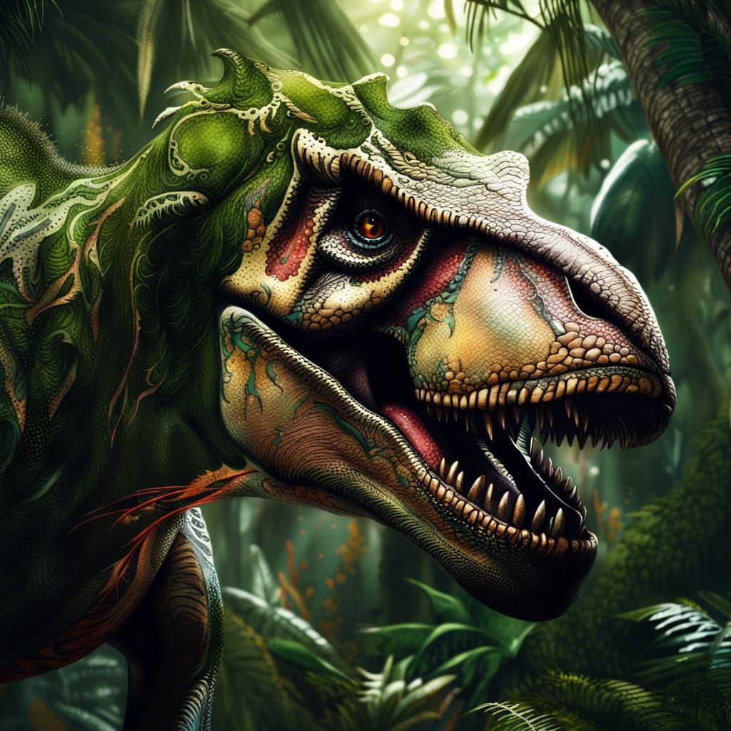 Fearsome T-Rex Portrait in a Leafy Jungle