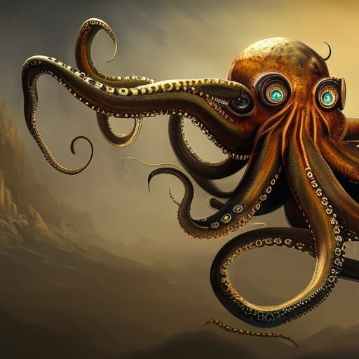 Steampunk Octopus in Detailed Matte Painting Style