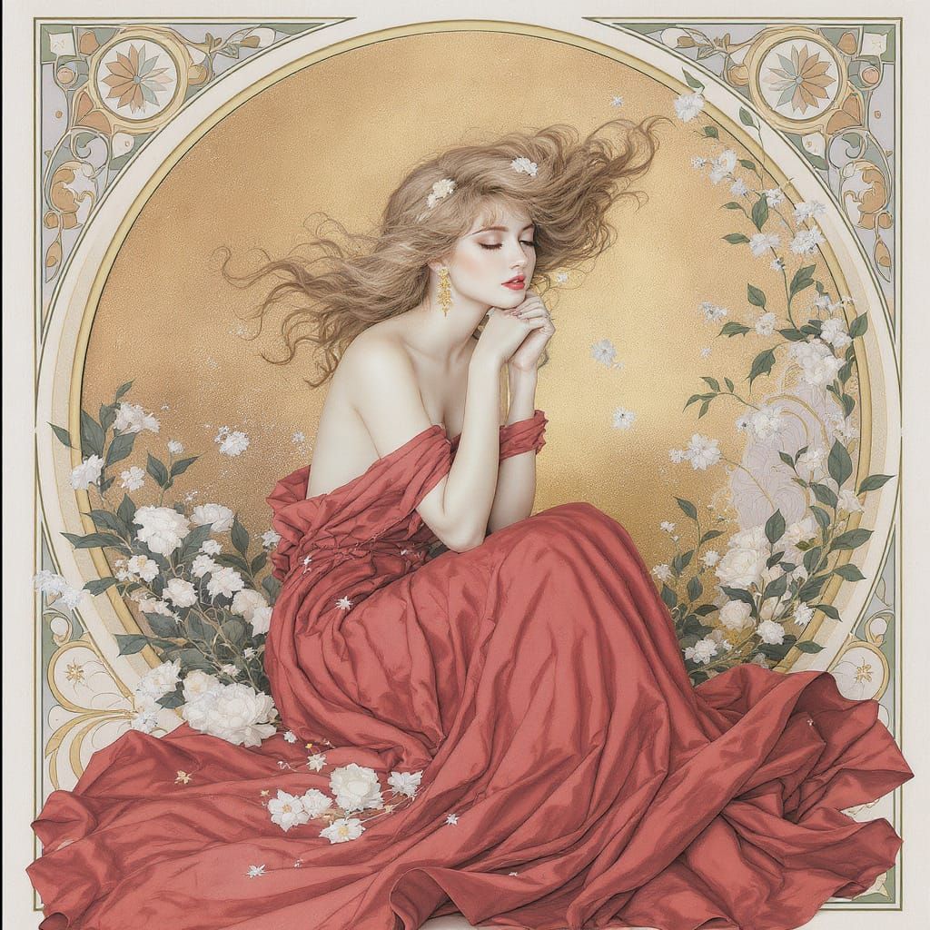 Art Nouveau Woman in Red Dress with Flowers