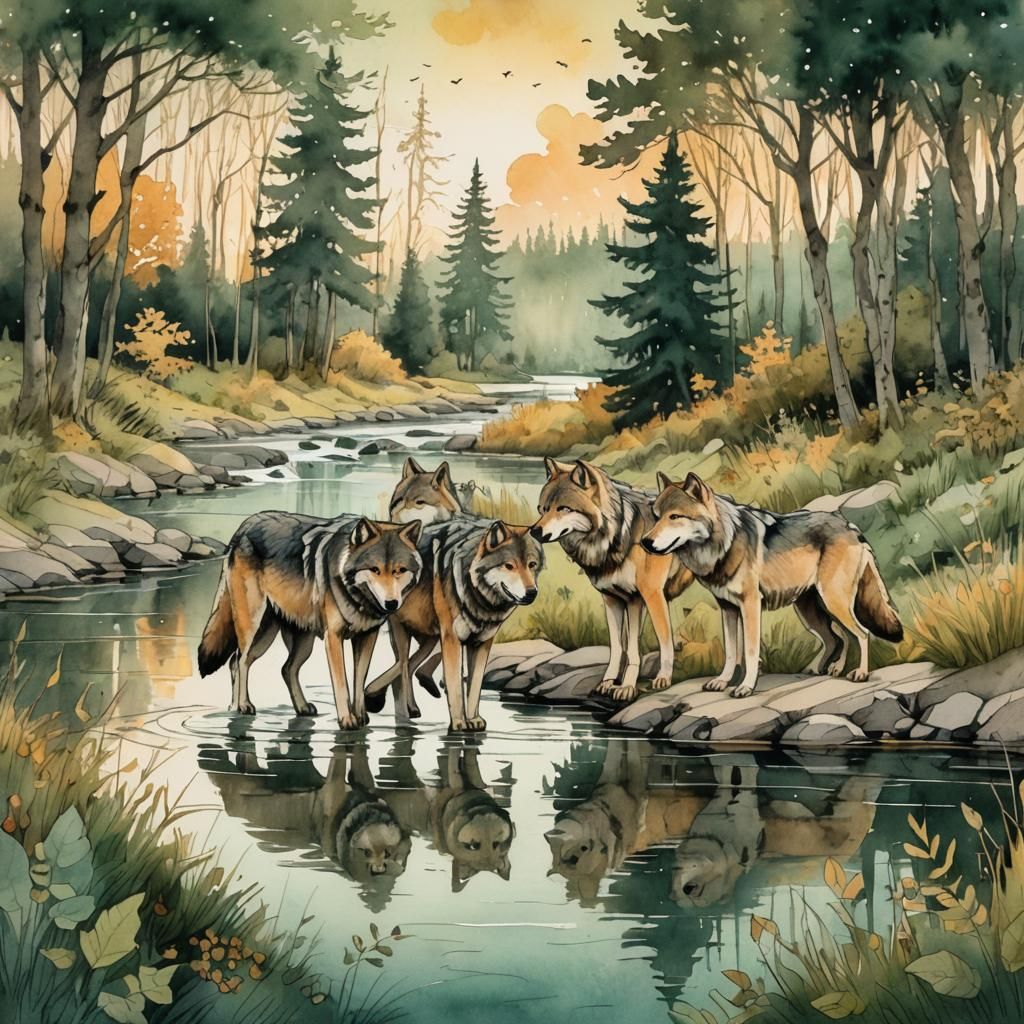 Wolves Strolling by River in Watercolor Illustration