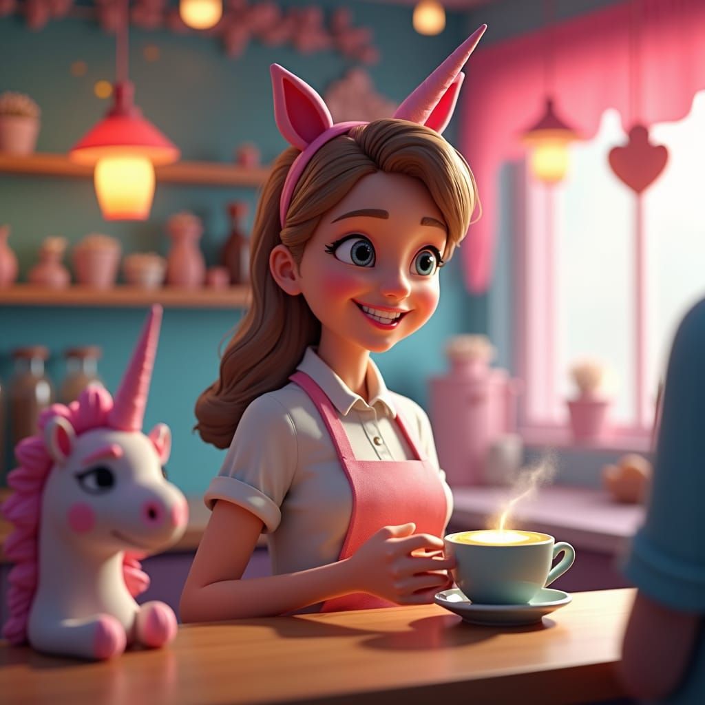 Barista in Unicorn Cafe: Pixar-Style 3D Animation