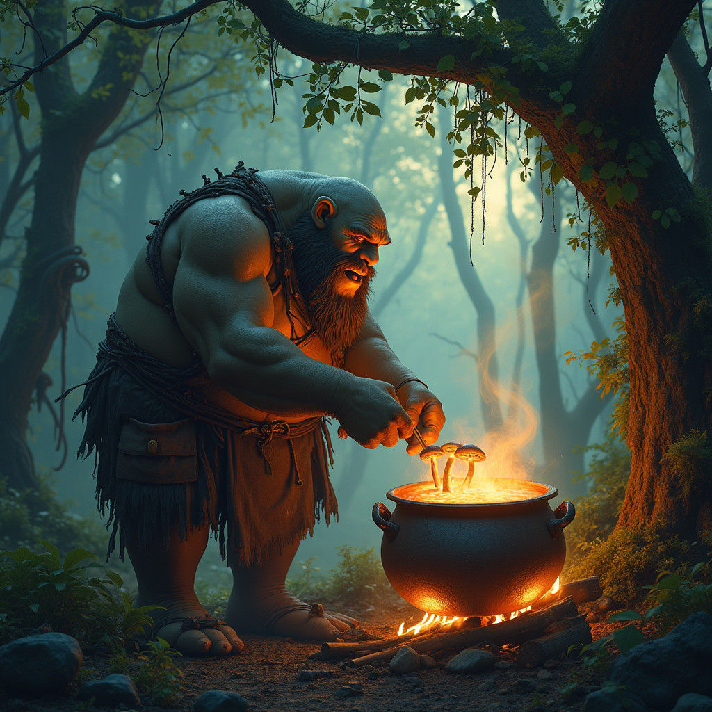 Ogre Iker Cooking Mushroom Stew in Dark Fantasy Forest