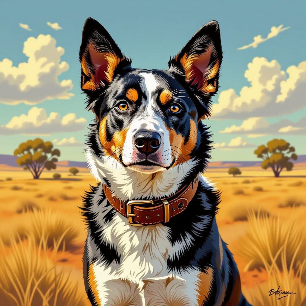 Blue Heeler in Outback Landscape, Bateman Style