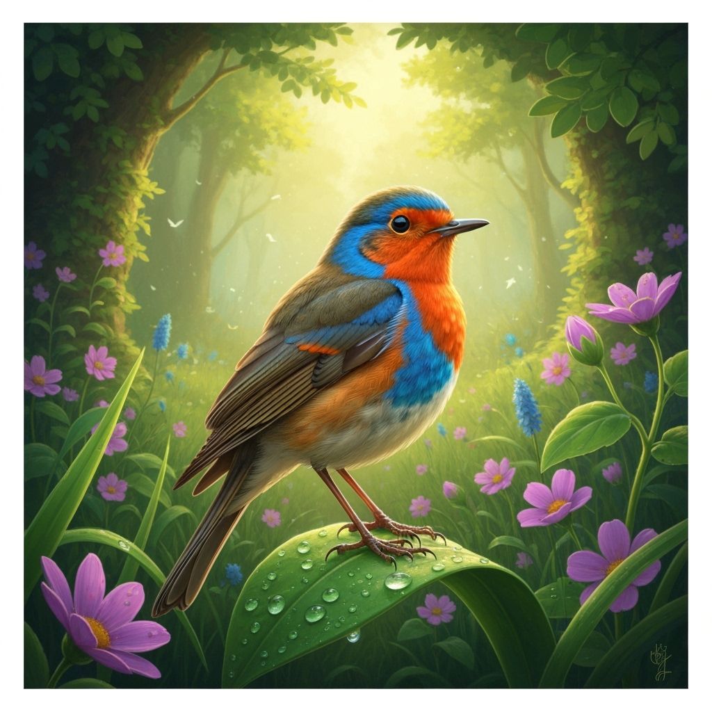 Robin in Sun-Drenched Grove: Hyperrealistic Digital Art