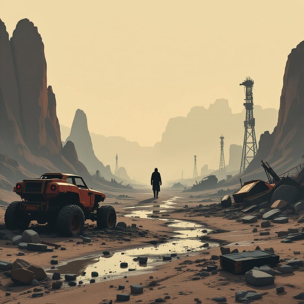 Desolate Landscape with Figure in Post-Apocalyptic Style