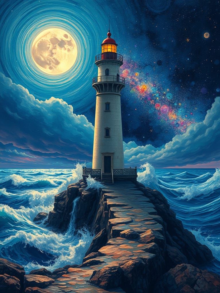 Lighthouse Under Galaxy in a Surreal Style
