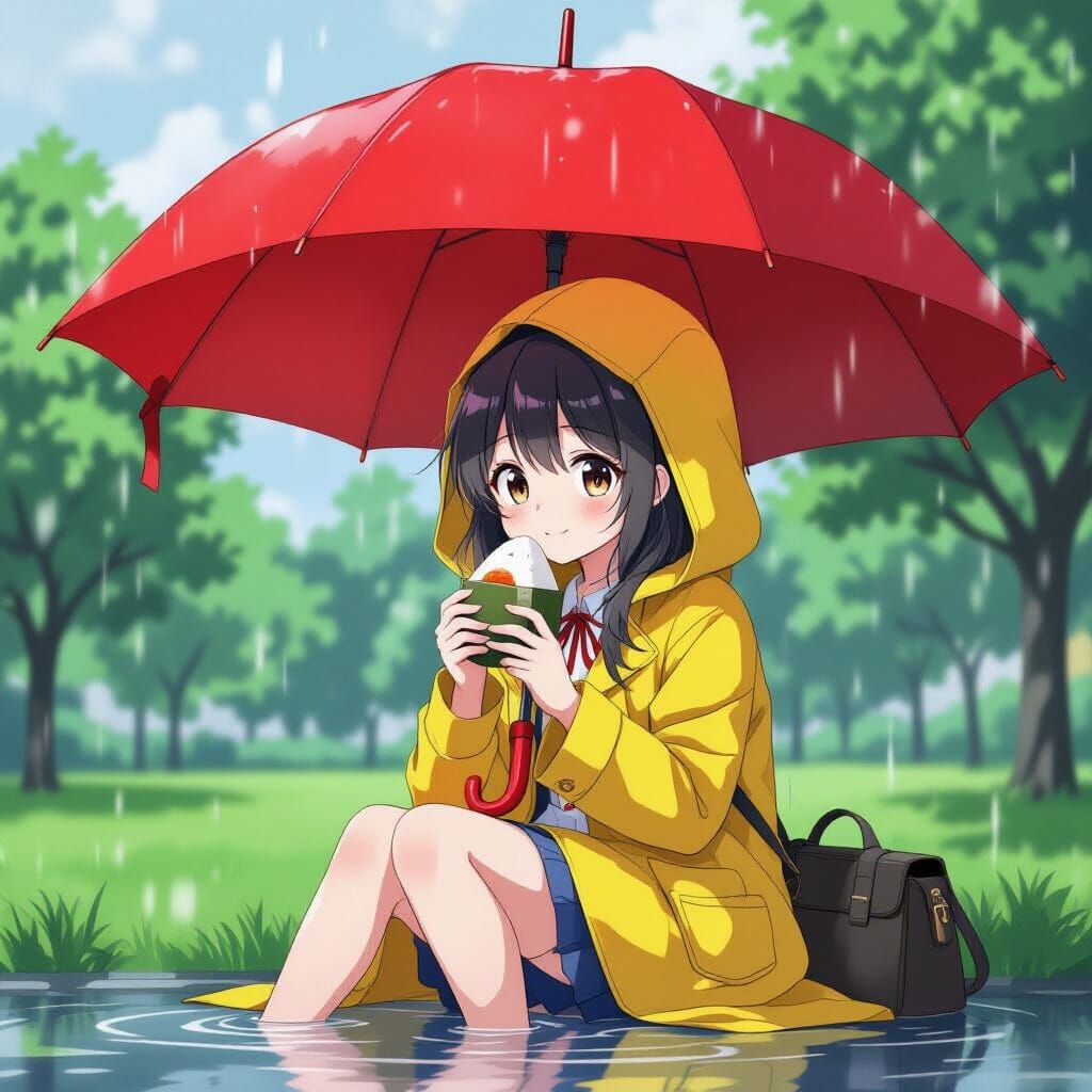 Anime Girl in Yellow Raincoat Eats Onigiri Under Umbrella