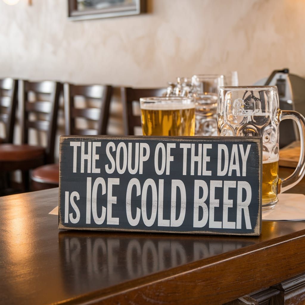 Humorous Bar Sign: Soup of the Day is Beer