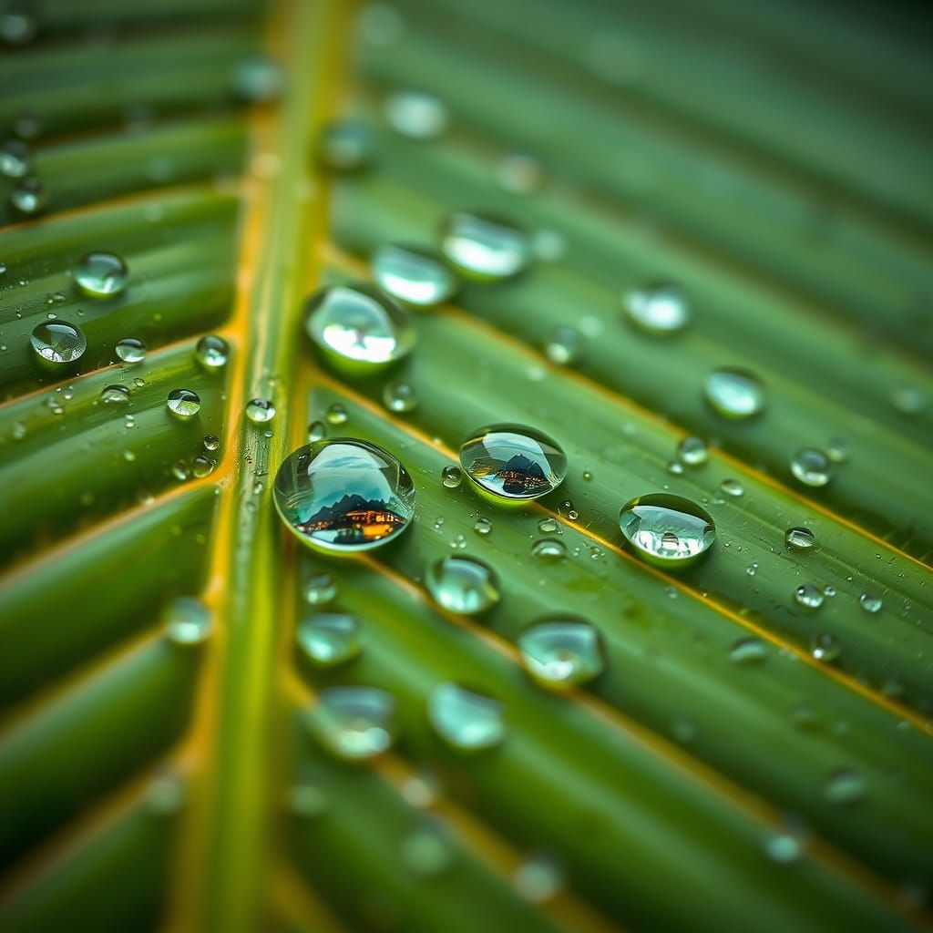 Close-Up Tropical Leaf with Raindrop Landscapes
