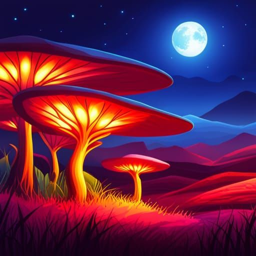 Colorful Glowing Mushrooms in a Fantasy Landscape