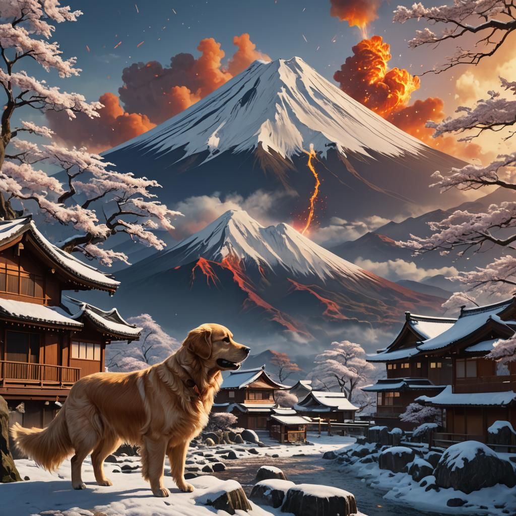 Golden Retriever Observes Mount Fuji Eruption