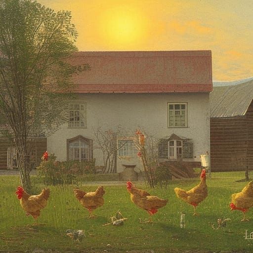 Farmhouse Chickens at Golden Hour, Romantic Style