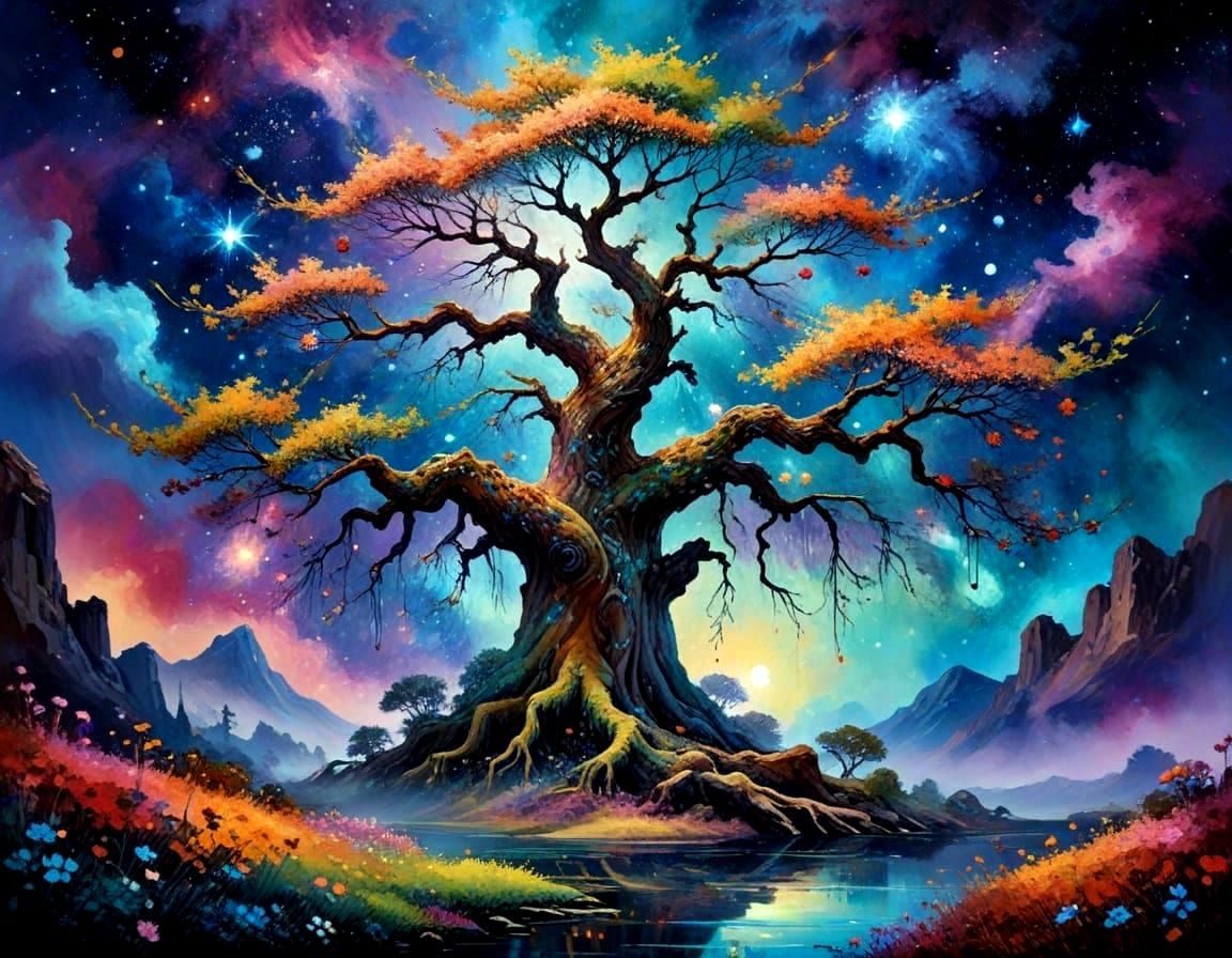 Ancient Tree Radiates Serenity in Cosmic Nebulae