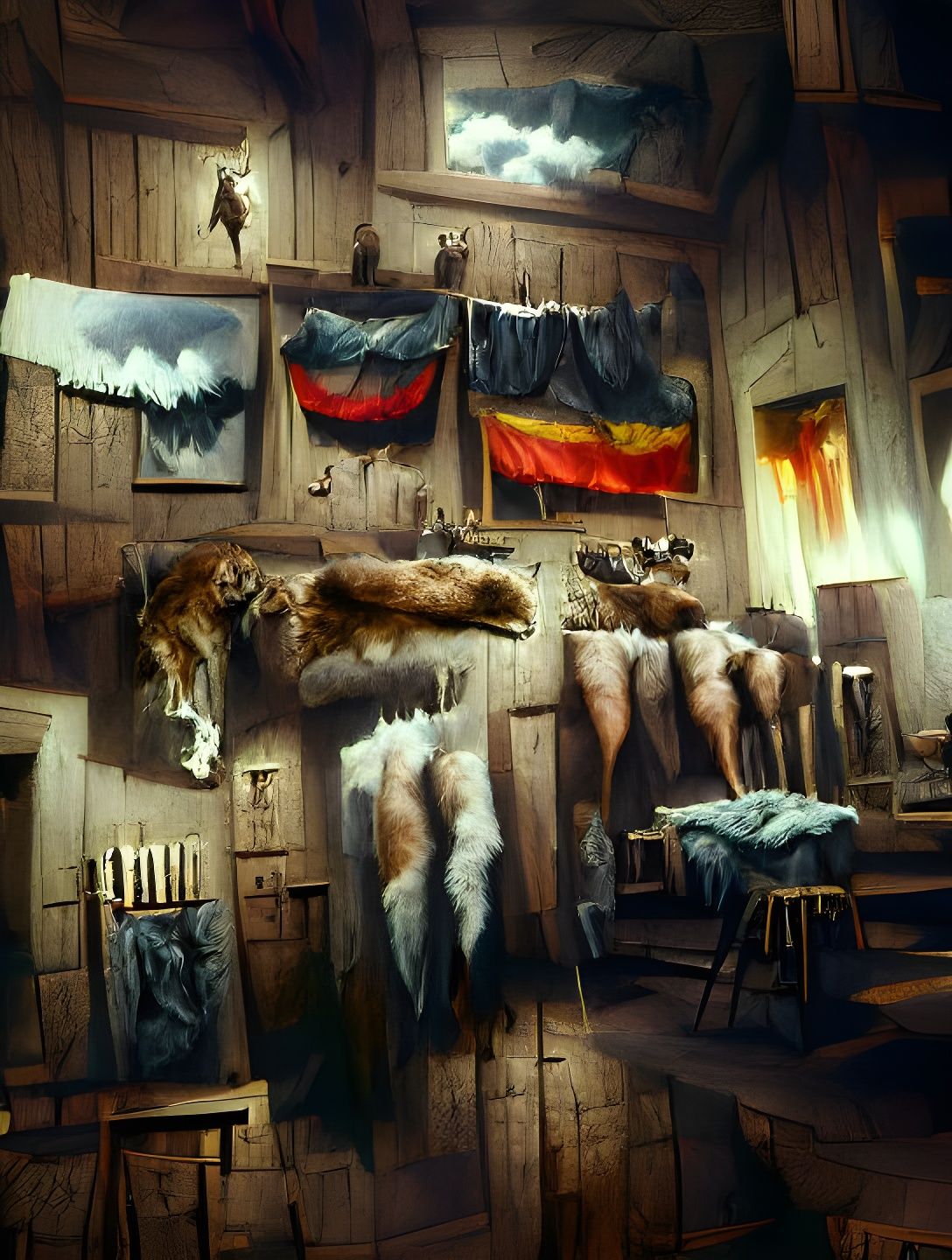 Hunter's Cabin Interior with Animal Pelts