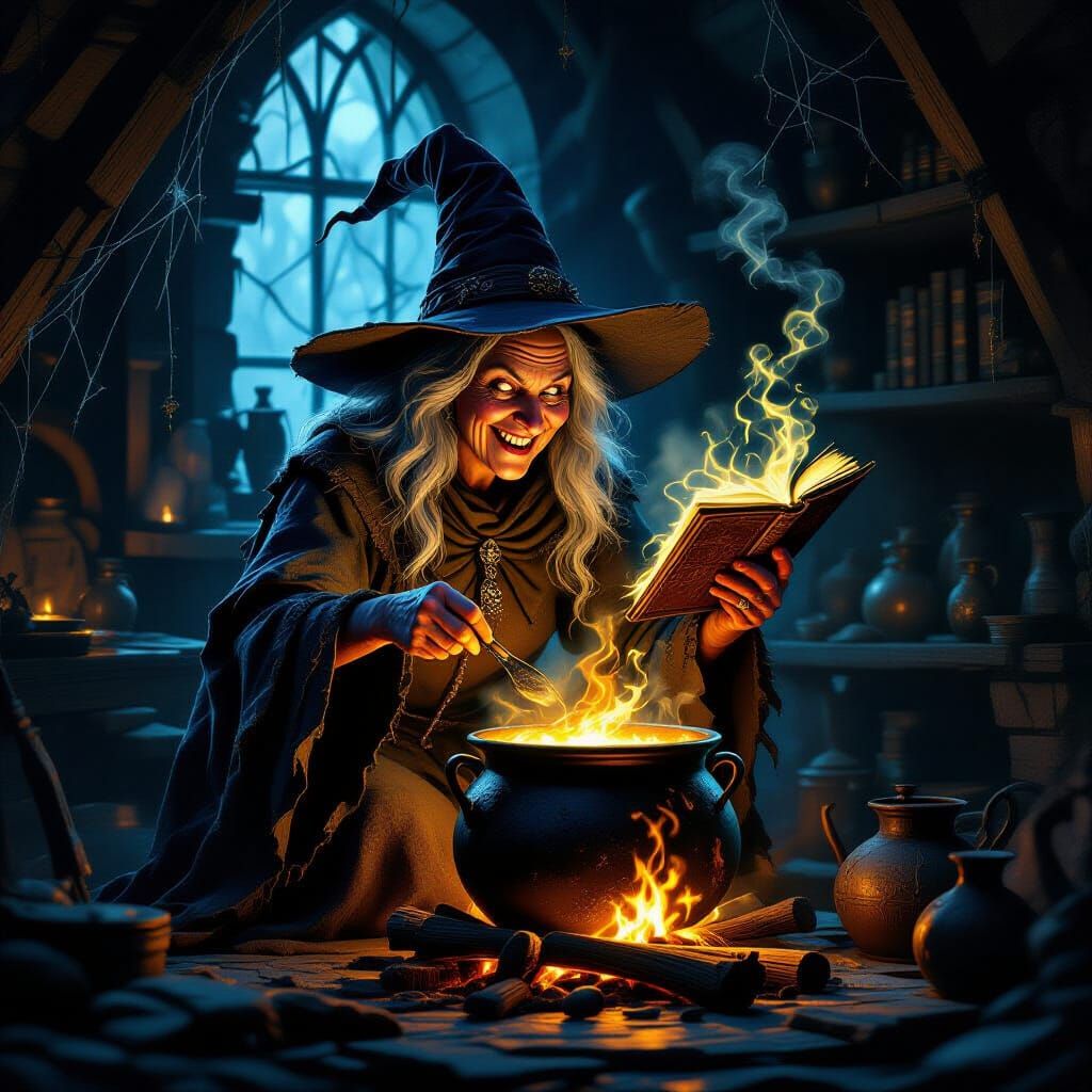 Witch Brews Potion in Dark Fantasy Cottage