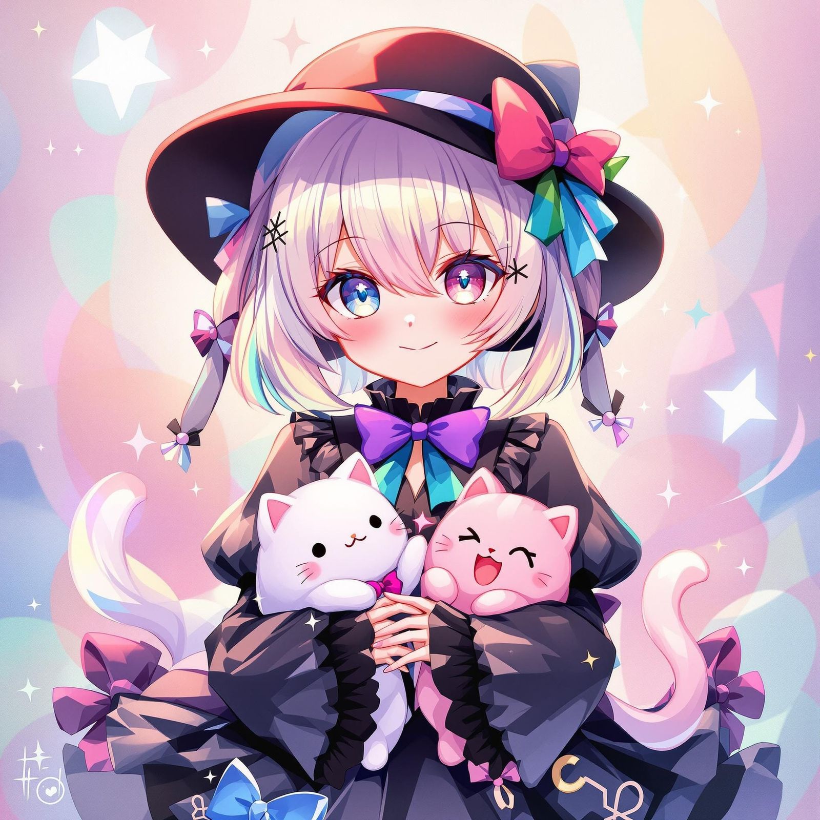 Whimsical Pastel Anime Character with Cats