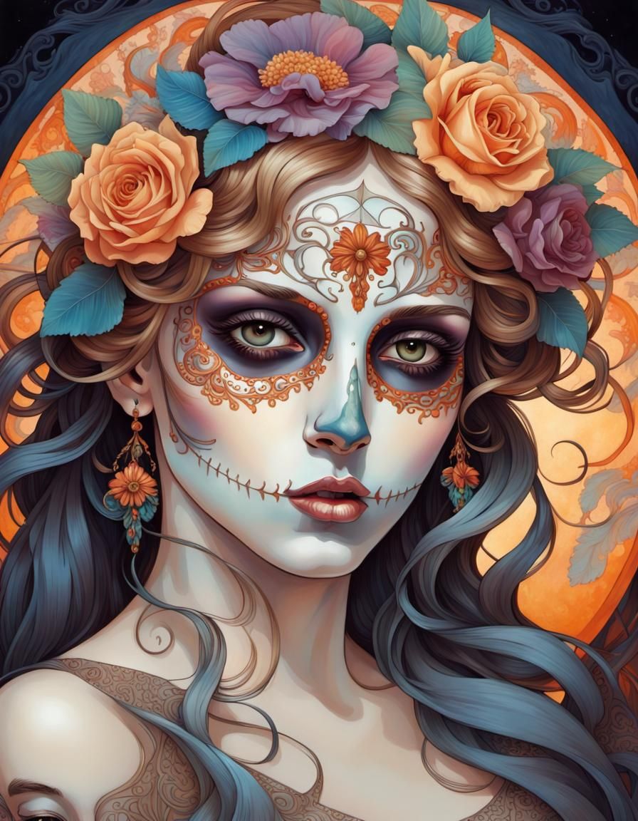 Day of the Dead Portrait in Alphonse Mucha Style