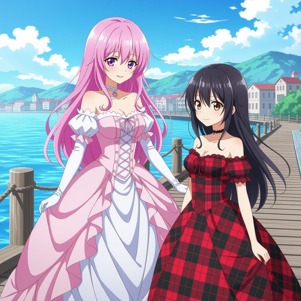 Pink Haired Woman in Plaid Gown at the Docks