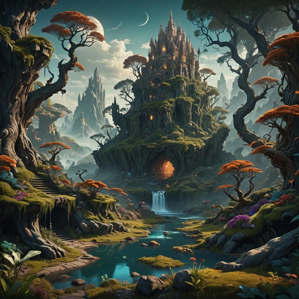 Surreal Landscape with Magnificent Creature in Detailed Matt...