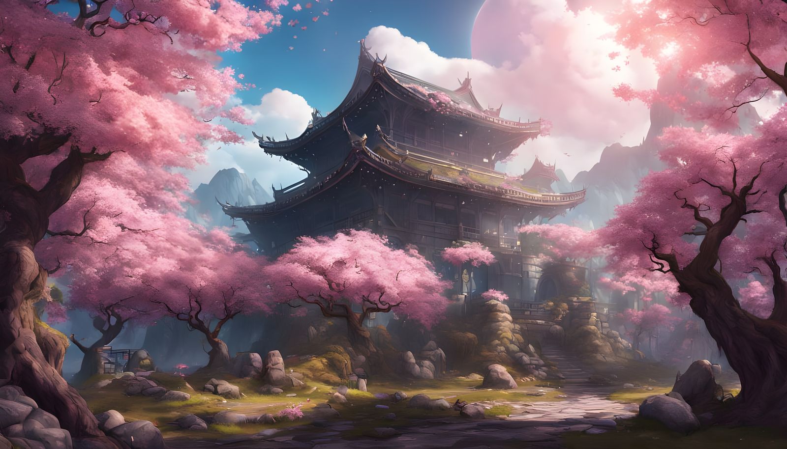 Fairy Kingdom Among Cherry Blossoms in Digital Art