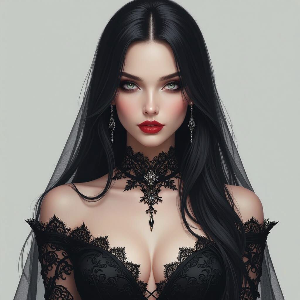 Gothic Bride with Black Lace Dress, Smoky Eyes