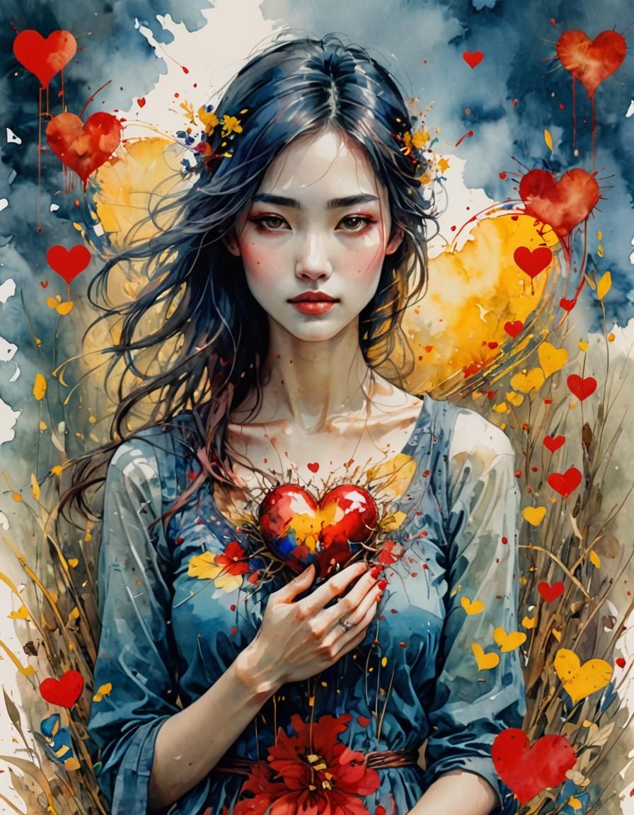 Vivid Watercolor: Woman Holding Heart in Meadow