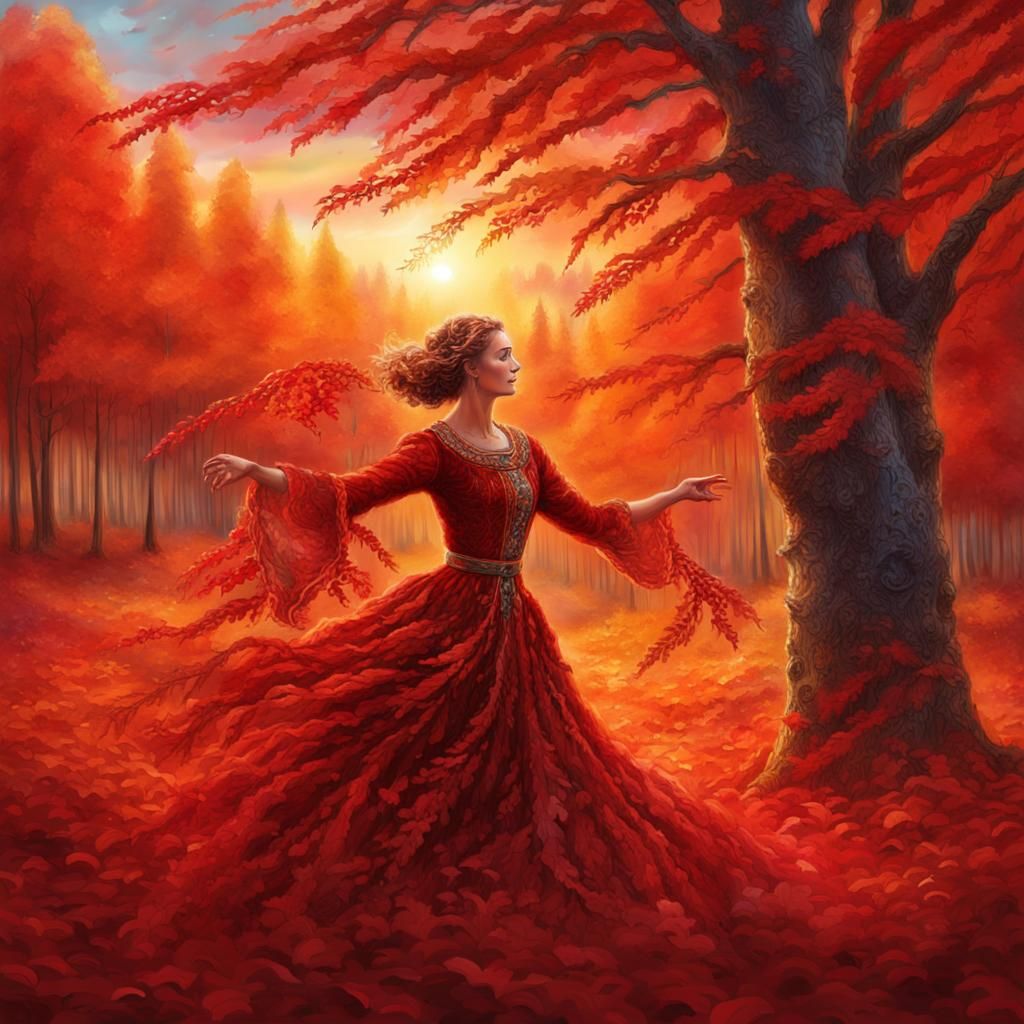 Autumn Woman Dancing in Rowan Forest, Fantasy Art