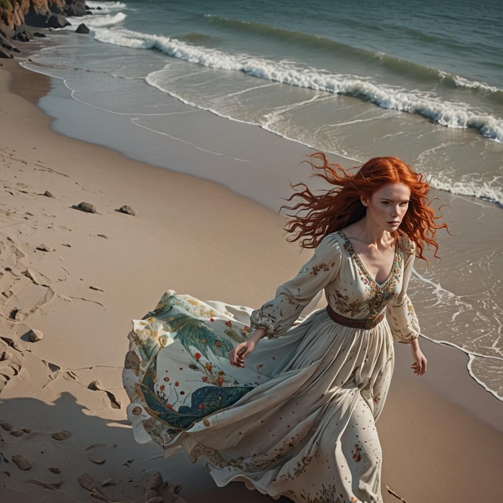 Red-Haired Woman on Beach: Fantasy Concept Art