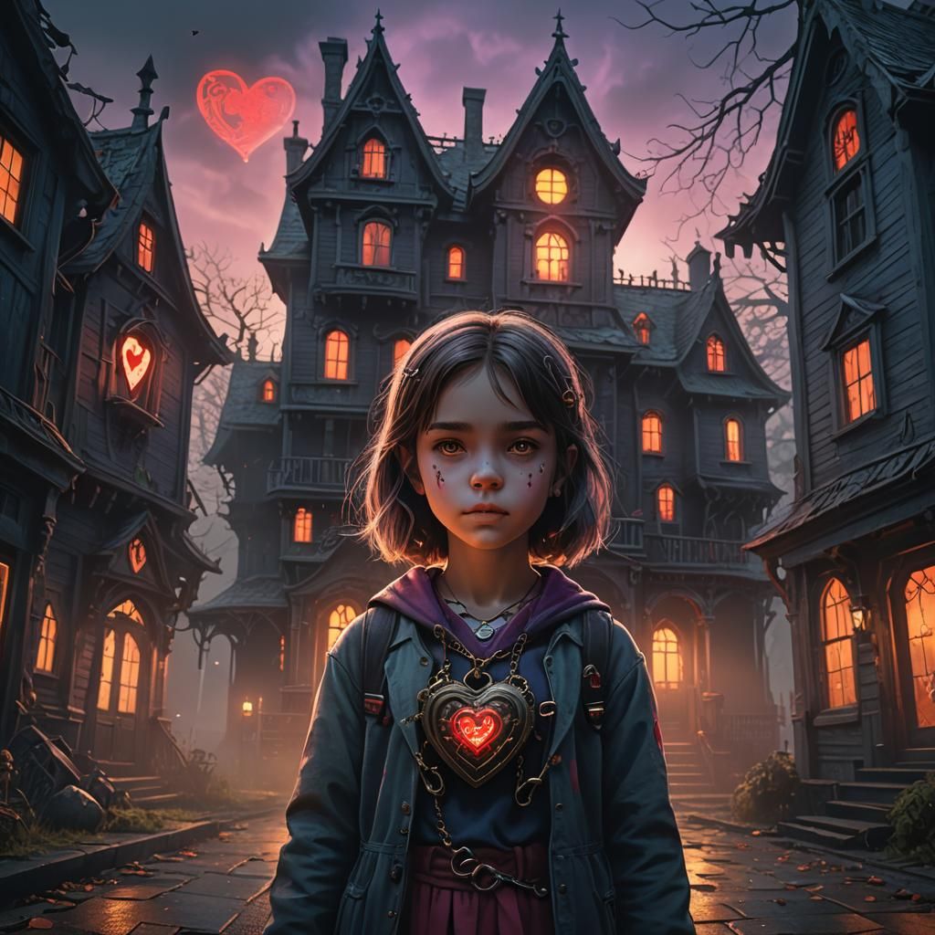Eerie Haunted House Concept Art with Heart Necklace