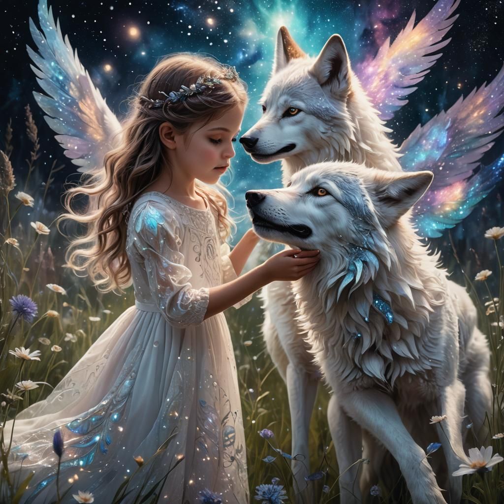 Girl and Galaxy Wolf in Starry Meadow