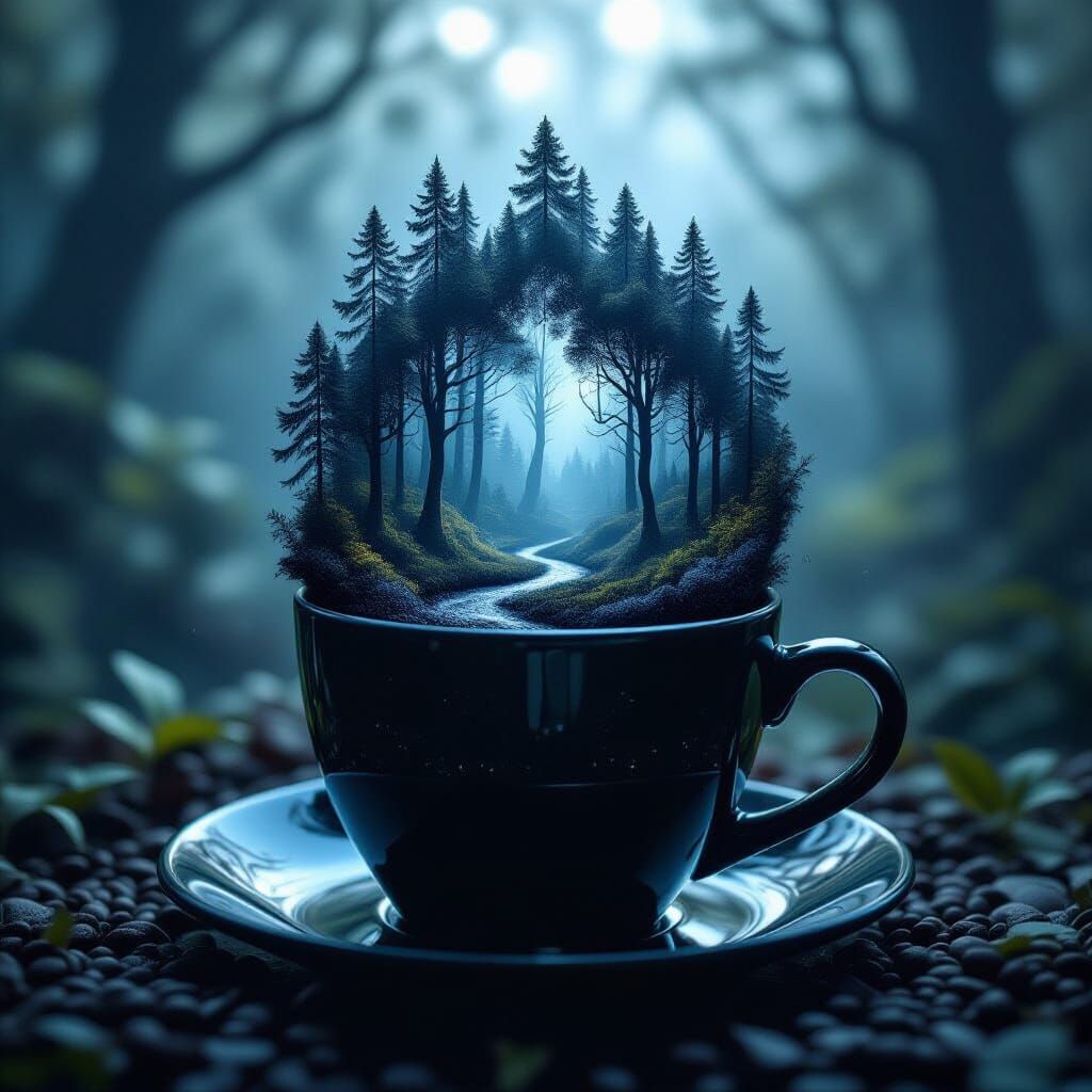 Magical Forest Grows From Coffee Cup in Fairytale Landscape