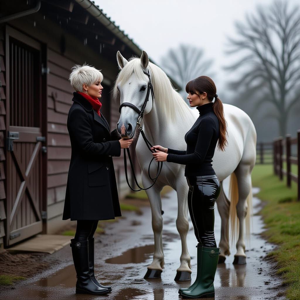 Darkwood Manor Stables: Women Tending White Mare