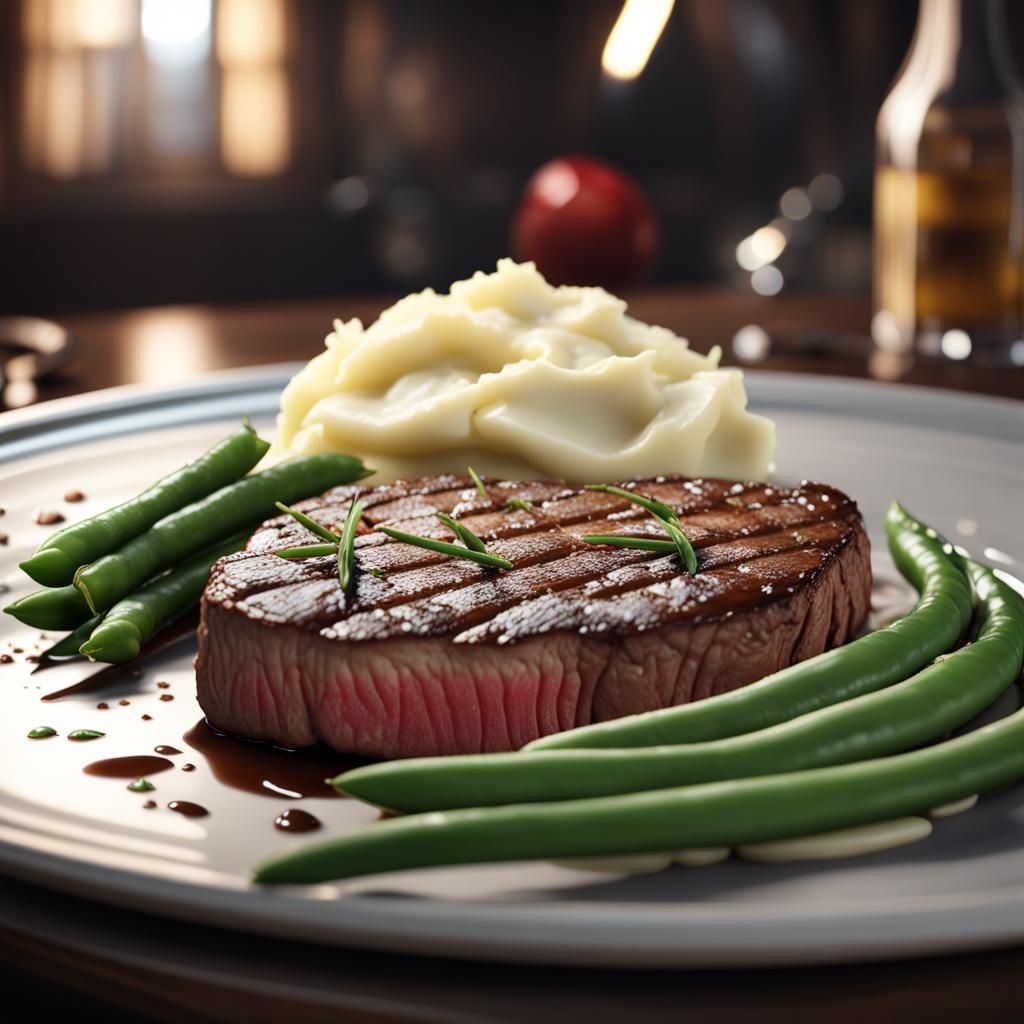 Hyper-Realistic Steak with Potatoes and Green Beans