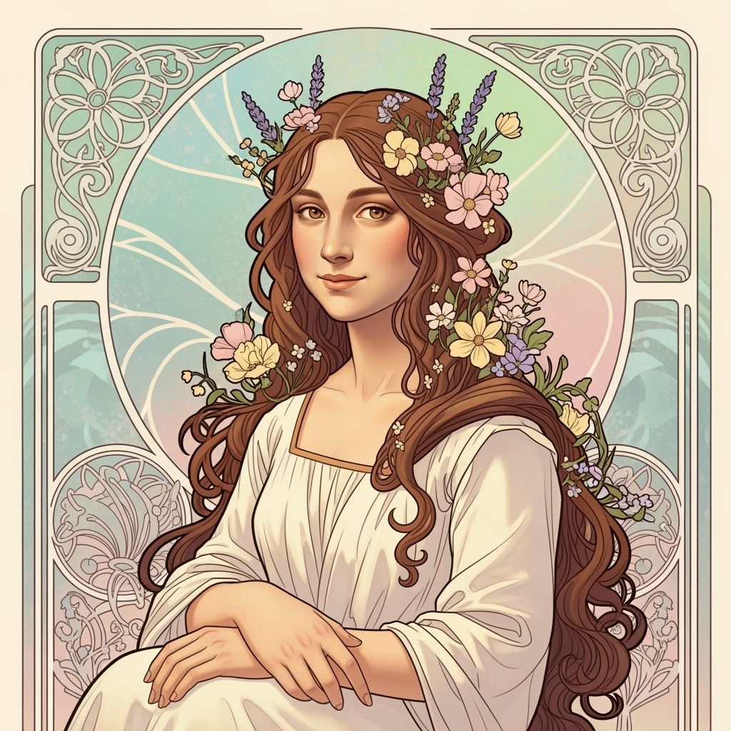 Ethereal Woman with Wildflowers, Art Nouveau Style